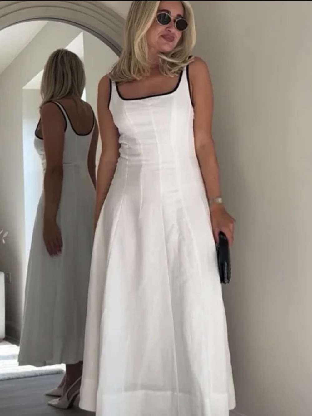 Zara White Sleeveless Midi Dress with Black Trim